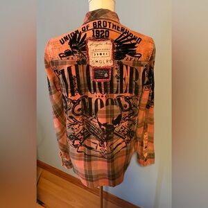 Smugglers Moon Graphic Flannel Shirt Jacket Mens Small Distressed Biker Cotton